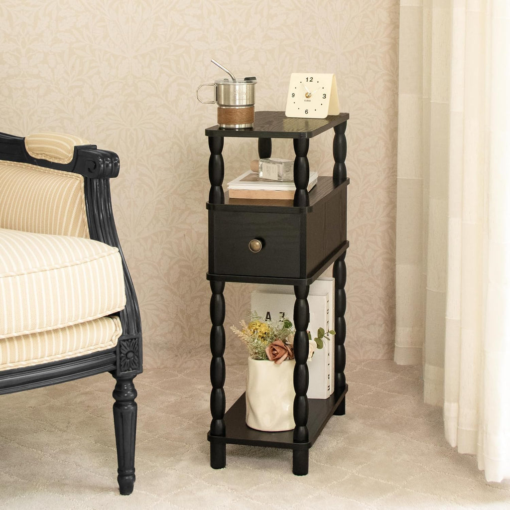 MaxSmeo Black Narrow Side Table, Narrow End Table with Storage, Skinny Small Nightstand with Drawer for Bedroom, Living Room, Small Spaces (Black)