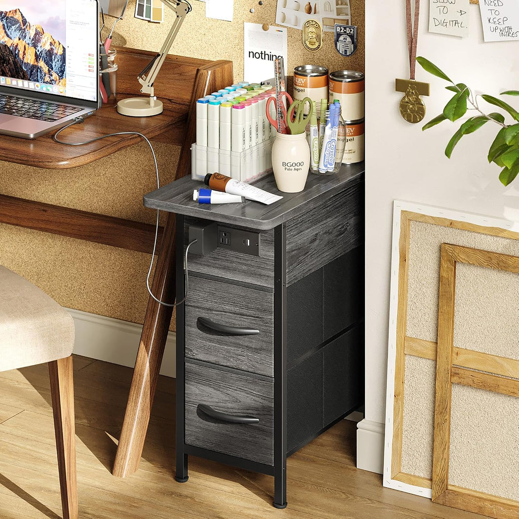 Huuger Narrow End Table with Charging Station, Flip Top Side Table with 2 Fabric Drawers, Slim Night Stand with USB-C Port for Small Spaces, Nightstand Bedside Couch Table, Living Room, Grey