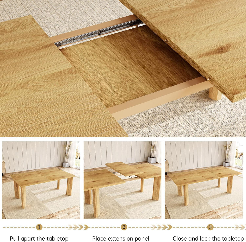 HIPIHOM Extendable Dining Table Set for 6, Seats 6-8 | MDF Farmhouse Extends 63-78.7in, Space-saving for Living Room & Nook, Oak Table + 6 Brown Upholstered Chairs