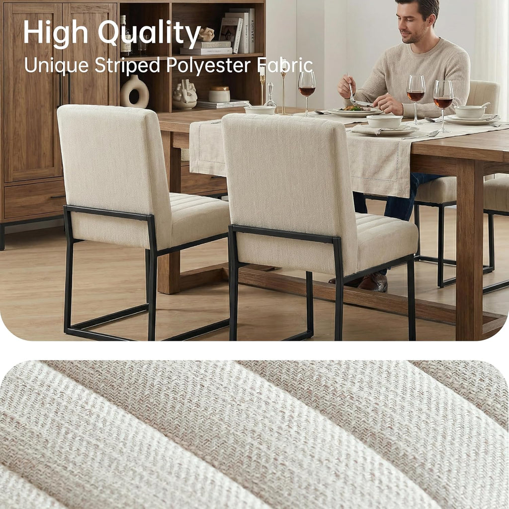 VKNOW Upholstered Dining Chairs Set of 4, Modern Dining Room Chairs with Stripe, Linen Kitchen Chair Dinner Chair with Black Metal Base for Kitchen, Beige