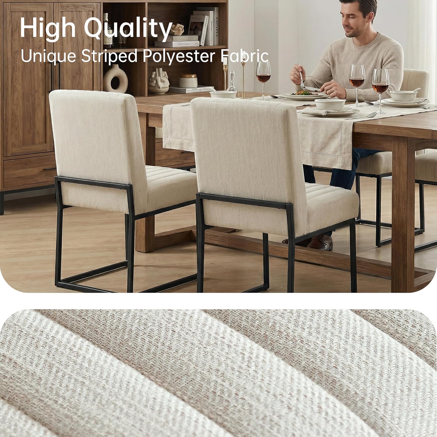 VKNOW Upholstered Dining Chairs, Modern Dining Room Chairs with Stripe, Linen Kitchen Chair Dinner Chair with Black Metal Base for Kitchen, Beige