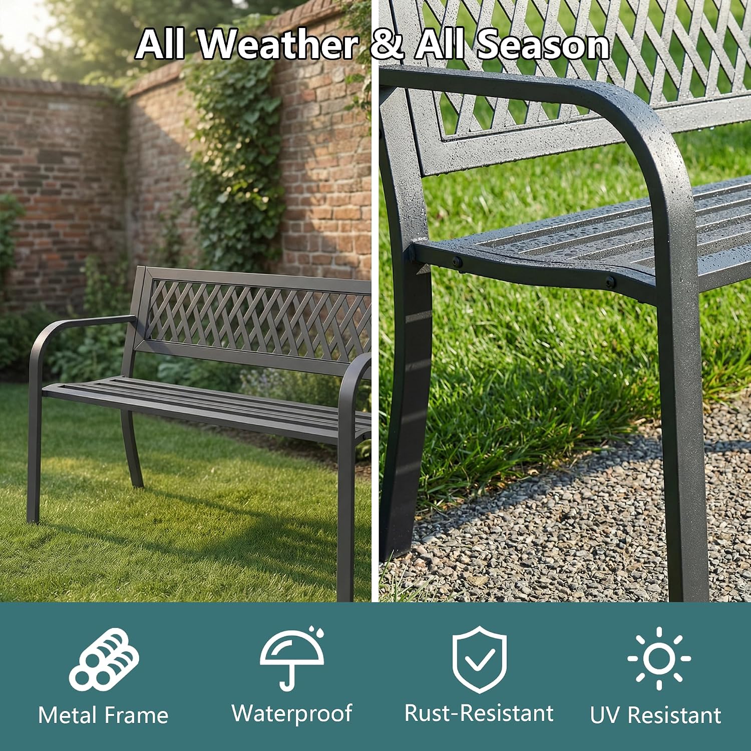 Outdoor Garden Bench, Weatherproof Metal Park Bench for Garden Lawn Porch Park Backyard, Sturdy Steel Patio Bench with Ergonomic Backrest for Front Porch Entryway Outside Seating, Black