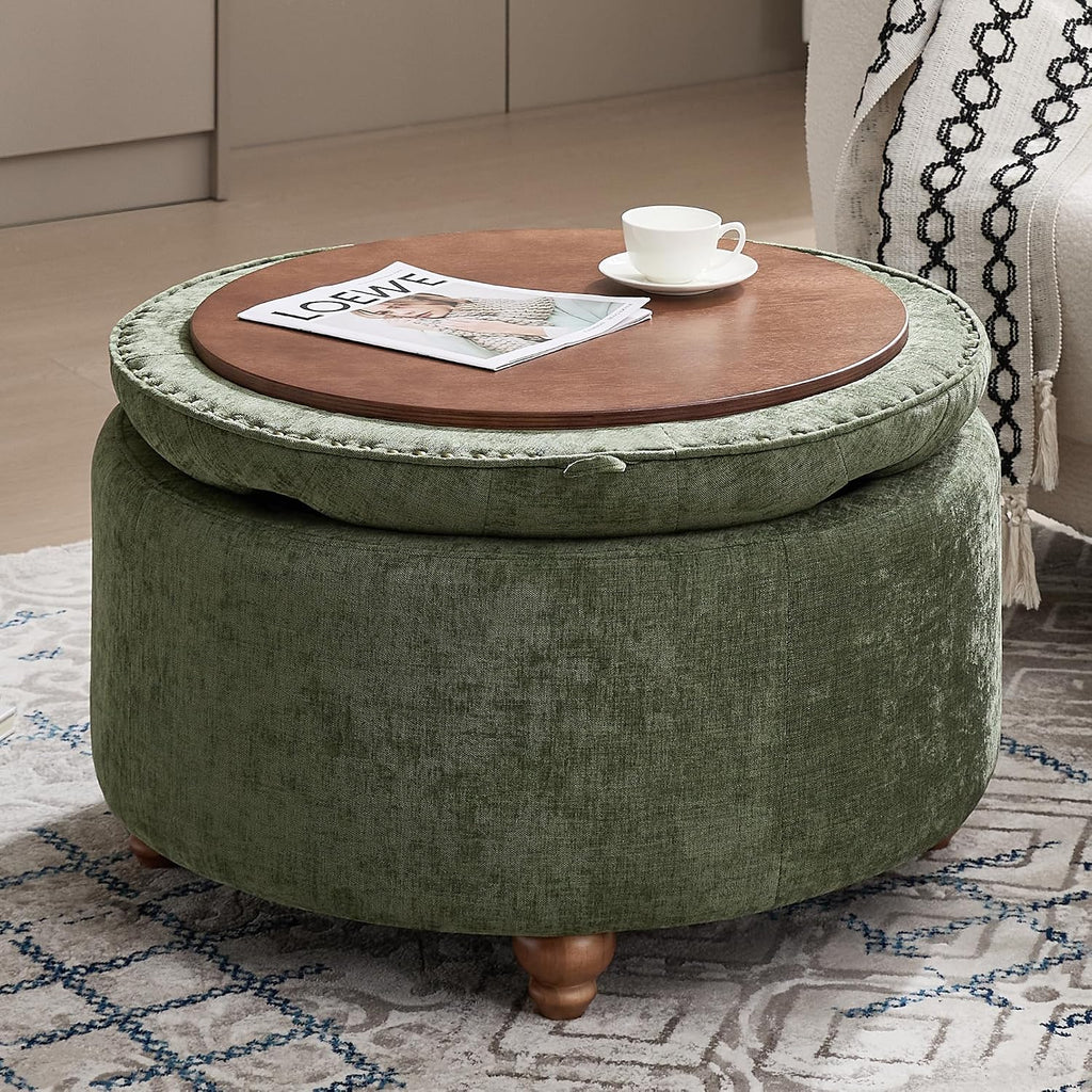 WUTUTUEE 30Inch Round Storage Ottoman with Tray, Modern Tufted Circle Coffee Table with Storage, Upholstered Ottoman with Removable Top for Living Room, Bedroom, Chenille Green