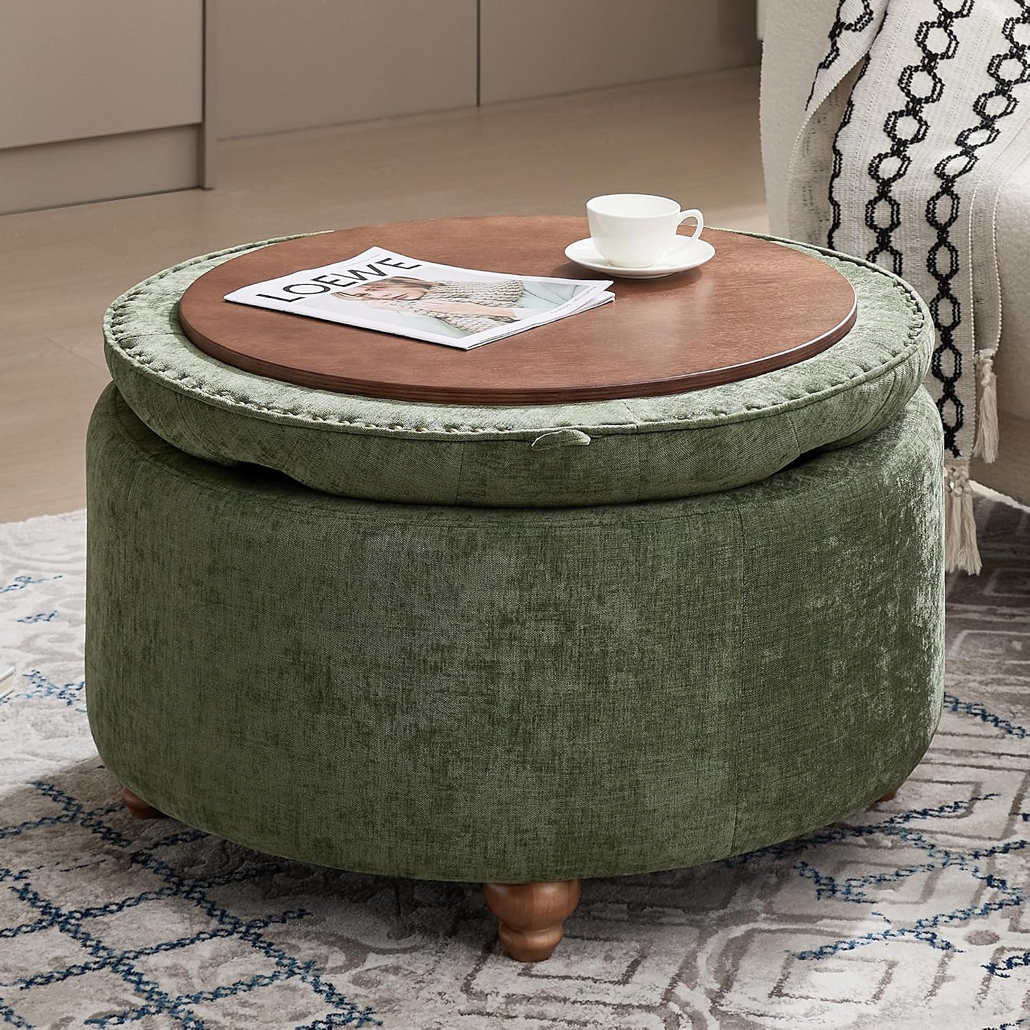 WUTUTUEE 30Inch Round Storage Ottoman with Tray, Modern Tufted Circle Coffee Table with Storage, Upholstered Ottoman with Removable Top for Living Room, Bedroom, Chenille Green