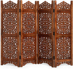 Lightnpro 4 Panel Royal Octagon Wooden Room Divider 64"(W) x 48"(H) Handmade Heart Design Partition, Intricately Carved, Hinged & Foldable, Pre-Assembled Privacy Screen Burnt Finish