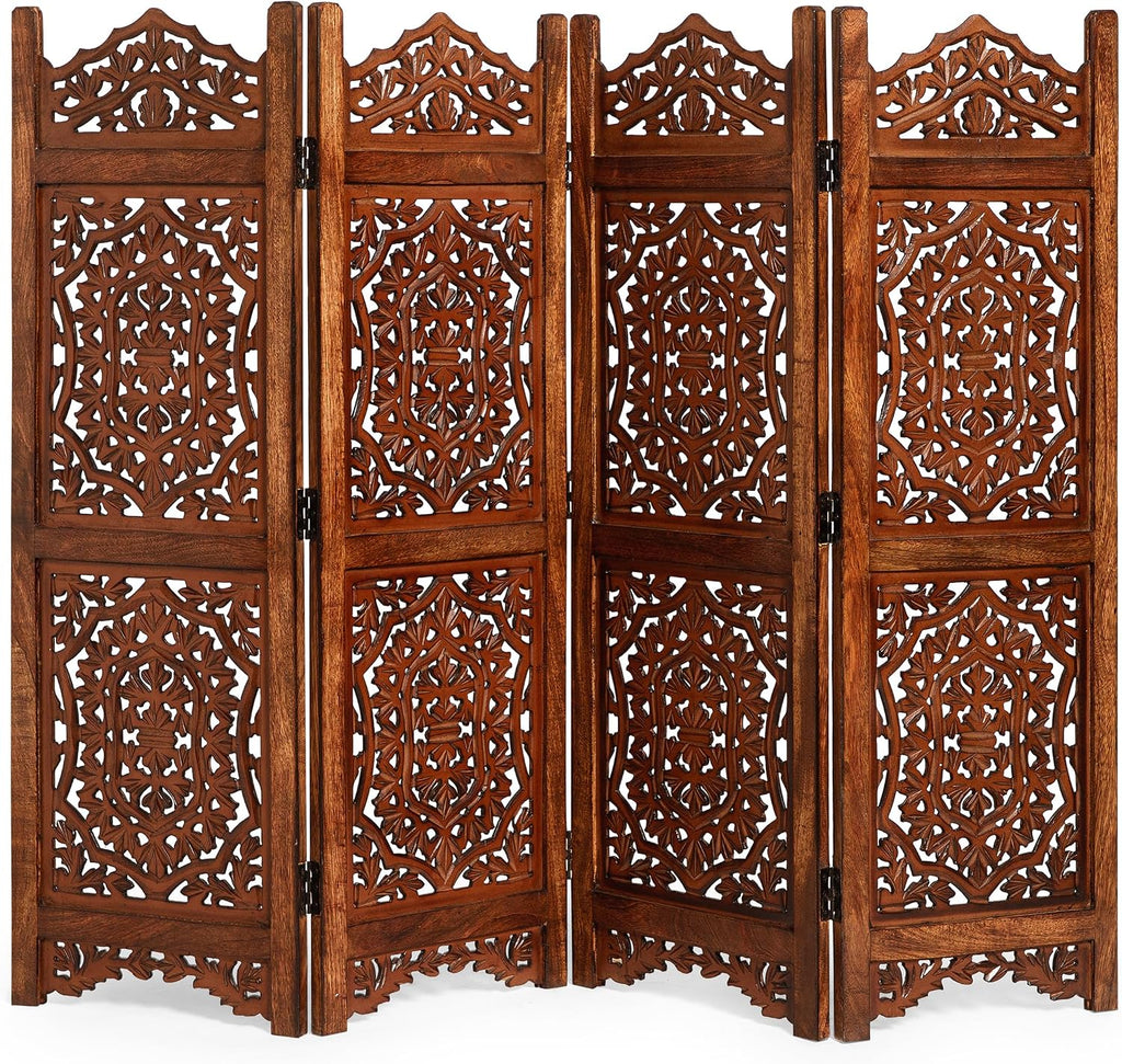 Lightnpro 4 Panel Royal Octagon Wooden Room Divider 64"(W) x 48"(H) Handmade Heart Design Partition, Intricately Carved, Hinged & Foldable, Pre-Assembled Privacy Screen Burnt Finish