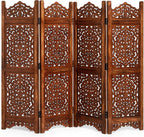 Lightnpro 4 Panel Royal Octagon Wooden Room Divider 64"(W) x 48"(H) Handmade Heart Design Partition, Intricately Carved, Hinged & Foldable, Pre-Assembled Privacy Screen Burnt Finish