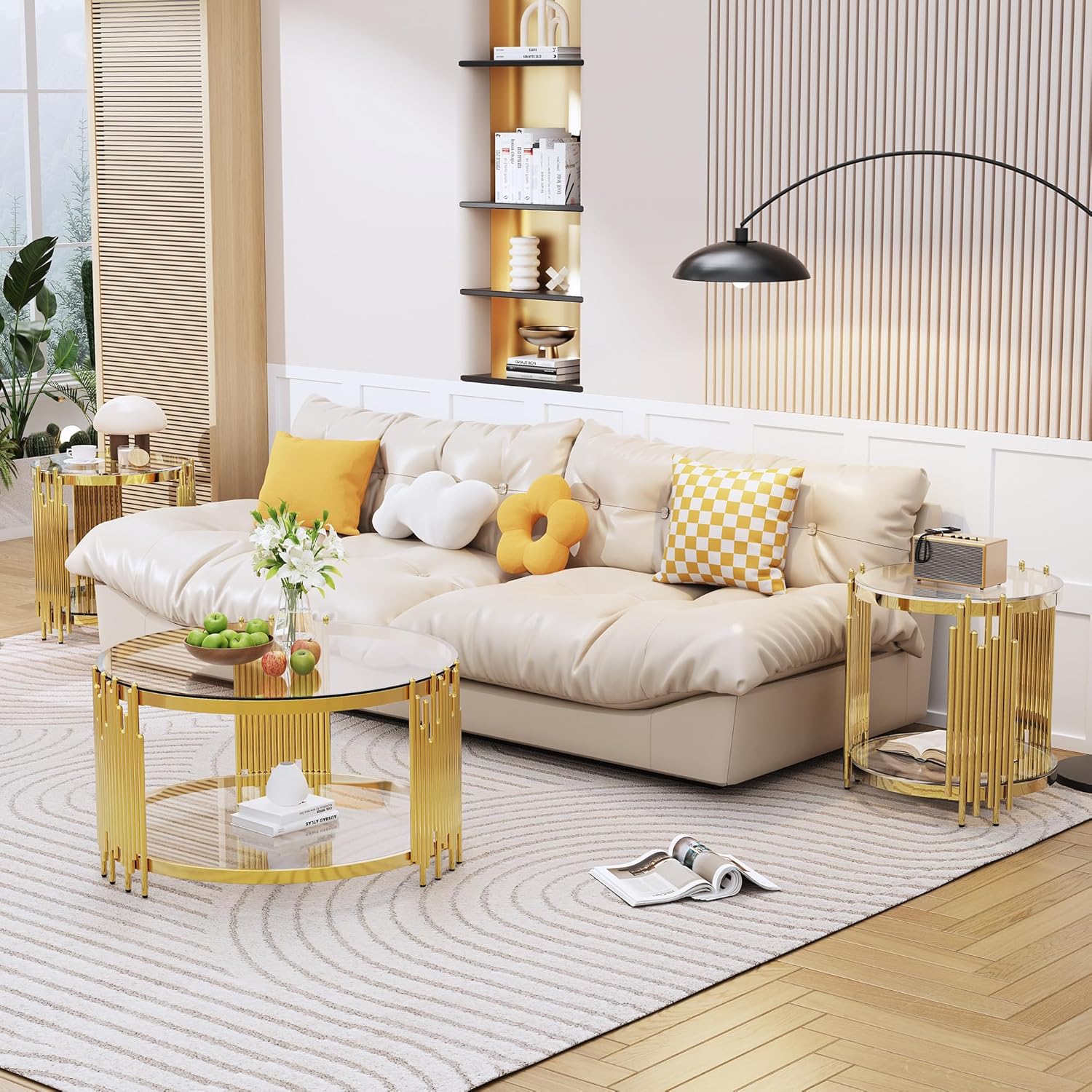 Luxury Gold Round Glass End Table Set of 2, 19.7" Modern Side Table with Stainless Steel Irregular Leg Clear Tempered Glass Tabletop, Accent Furniture for Living Room, Clear