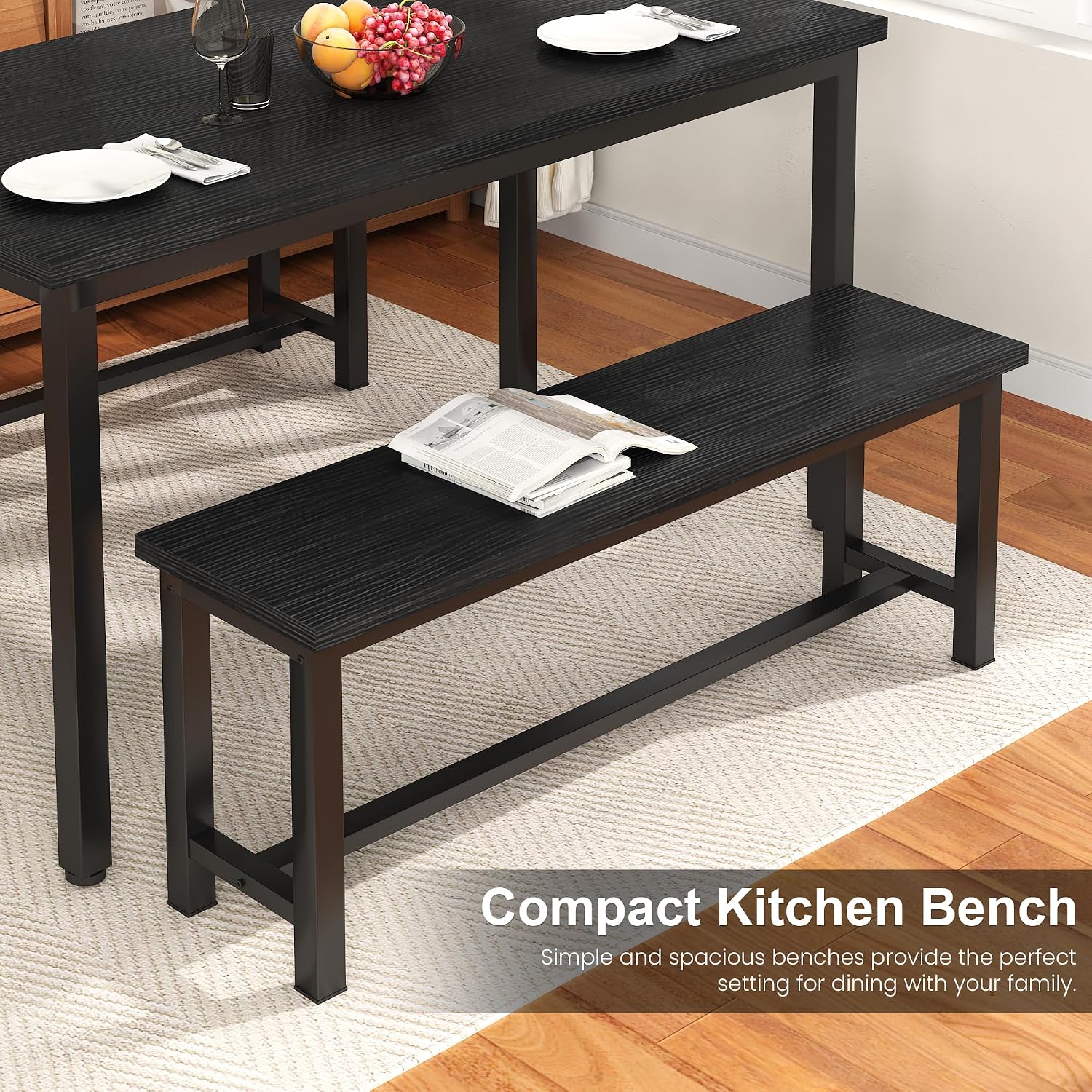 Recaceik Dining Benches, 39 Inch Table Benches, Pair of 2 Benches for Dining Room, Kitchen, Entryway, Bedroom, Industrial Small Bench Kitchen Bench with Metal Legs, Easy to Assemble, Black