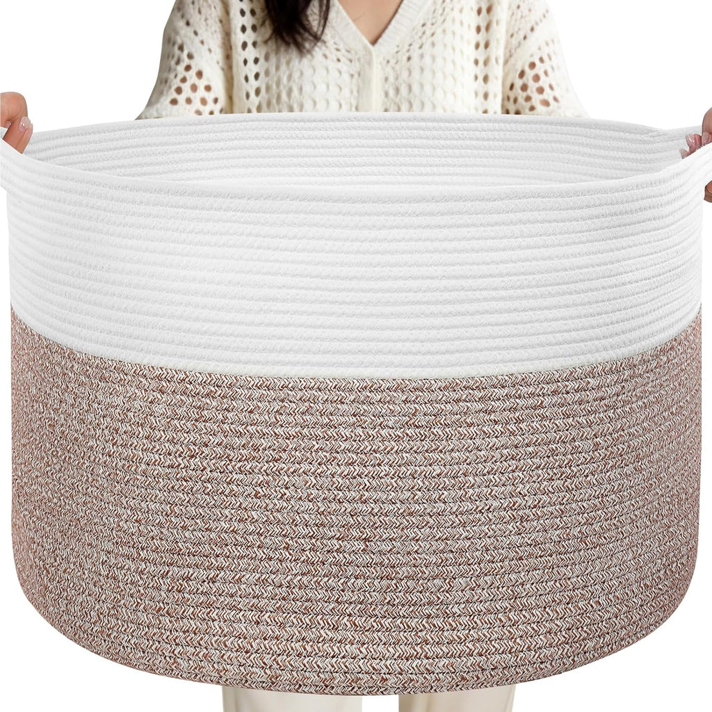 90L Extra Large Blanket Basket for Living Room - Cotton Rope Laundry Hamper Woven Baskets XXL Storage Bin with Handles for Dirty Clothes, Kids, Pets, Toys, Bedroom, 23'' x 23'' x 13'', White & Brown