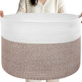 90L Extra Large Blanket Basket for Living Room - Cotton Rope Laundry Hamper Woven Baskets XXL Storage Bin with Handles for Dirty Clothes, Kids, Pets, Toys, Bedroom, 23'' x 23'' x 13'', White & Brown