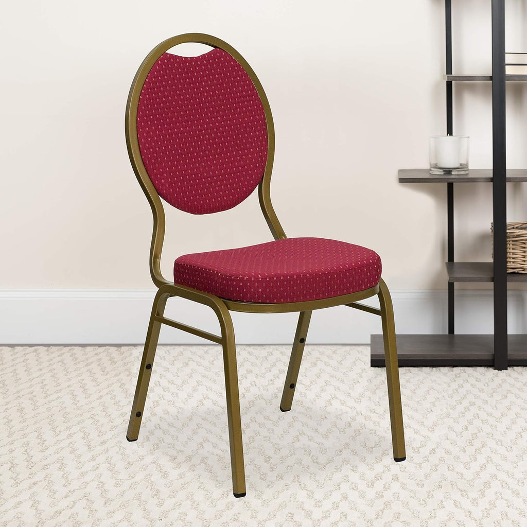 EMMA + OLIVER Teardrop Back Banquet Chair, Burgundy Patterned Fabric/Gold Frame