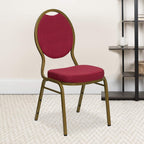 EMMA + OLIVER Teardrop Back Banquet Chair, Burgundy Patterned Fabric/Gold Frame
