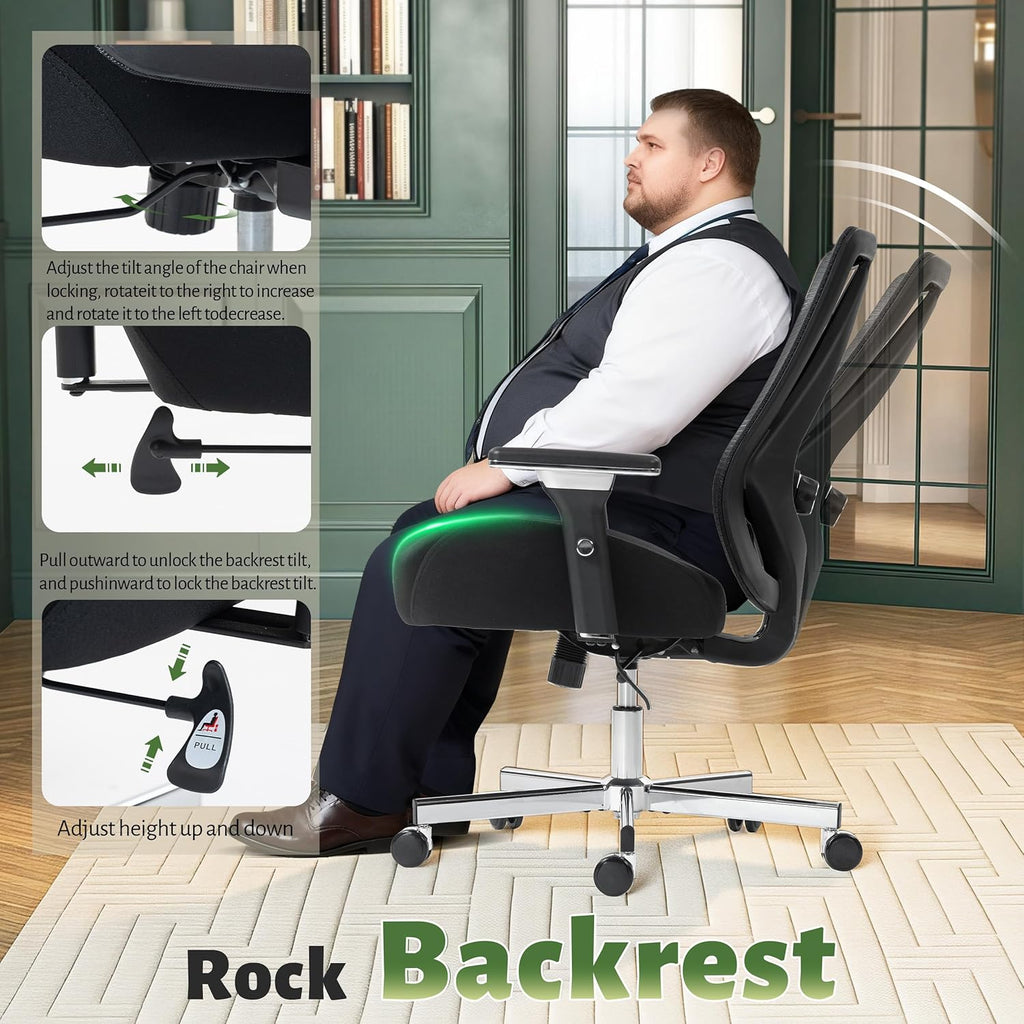 600LBS Big and Tall Office Chair,Ergonomic Mesh Office Chairs with Thicken Oversized Spring Cushion,Executive Computer Desk Chair Adjustable Upgraded 4D Armrests for Home Office,Black