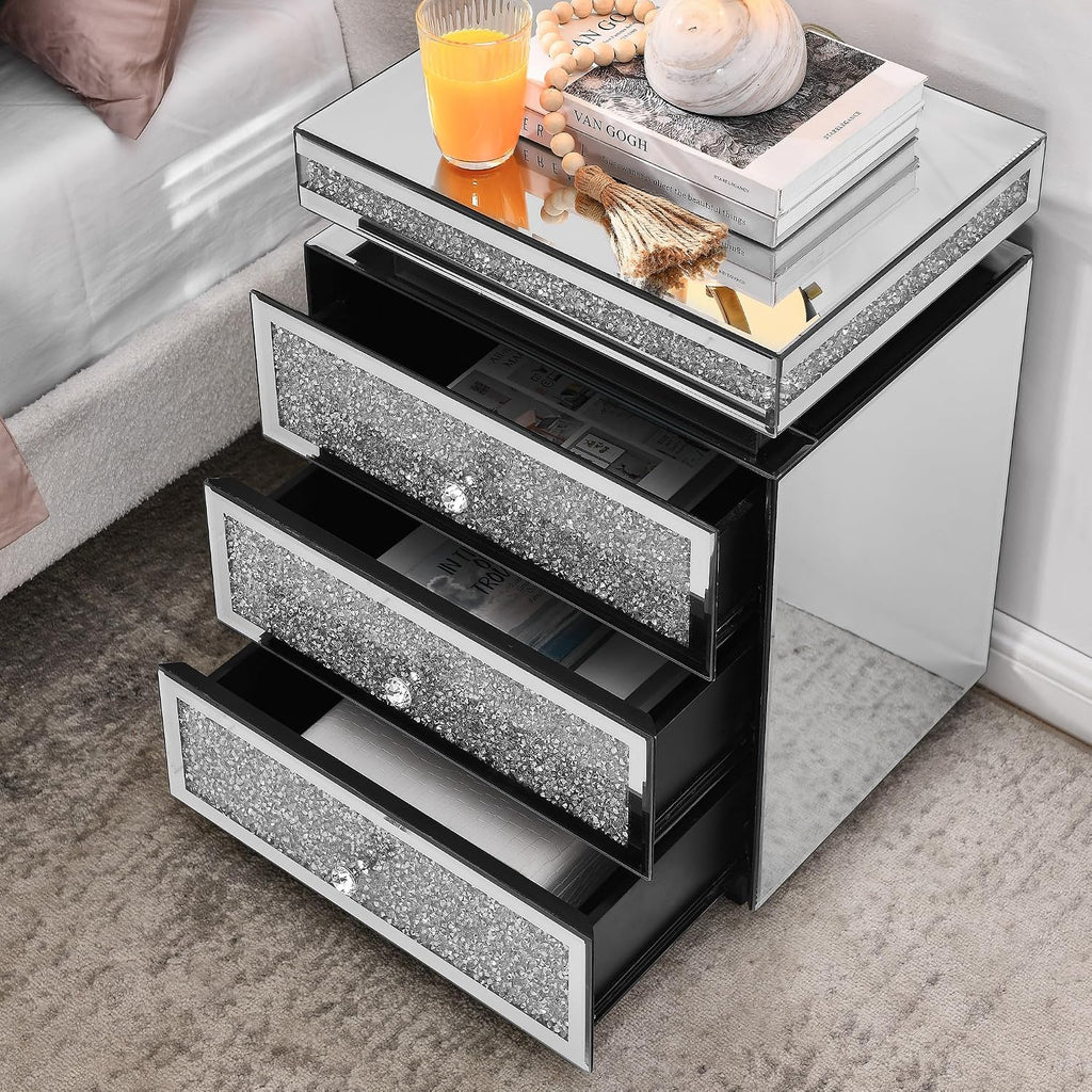 KEIKI Mirrored Nightstand with 3 Drawers, Nightstand with Crystal Inlay, Mirror End Table, Modern Bedside Table, Glass Table for Bedroom, Silver