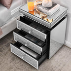 KEIKI Mirrored Nightstand with 3 Drawers, Nightstand with Crystal Inlay, Mirror End Table, Modern Bedside Table, Glass Table for Bedroom, Silver