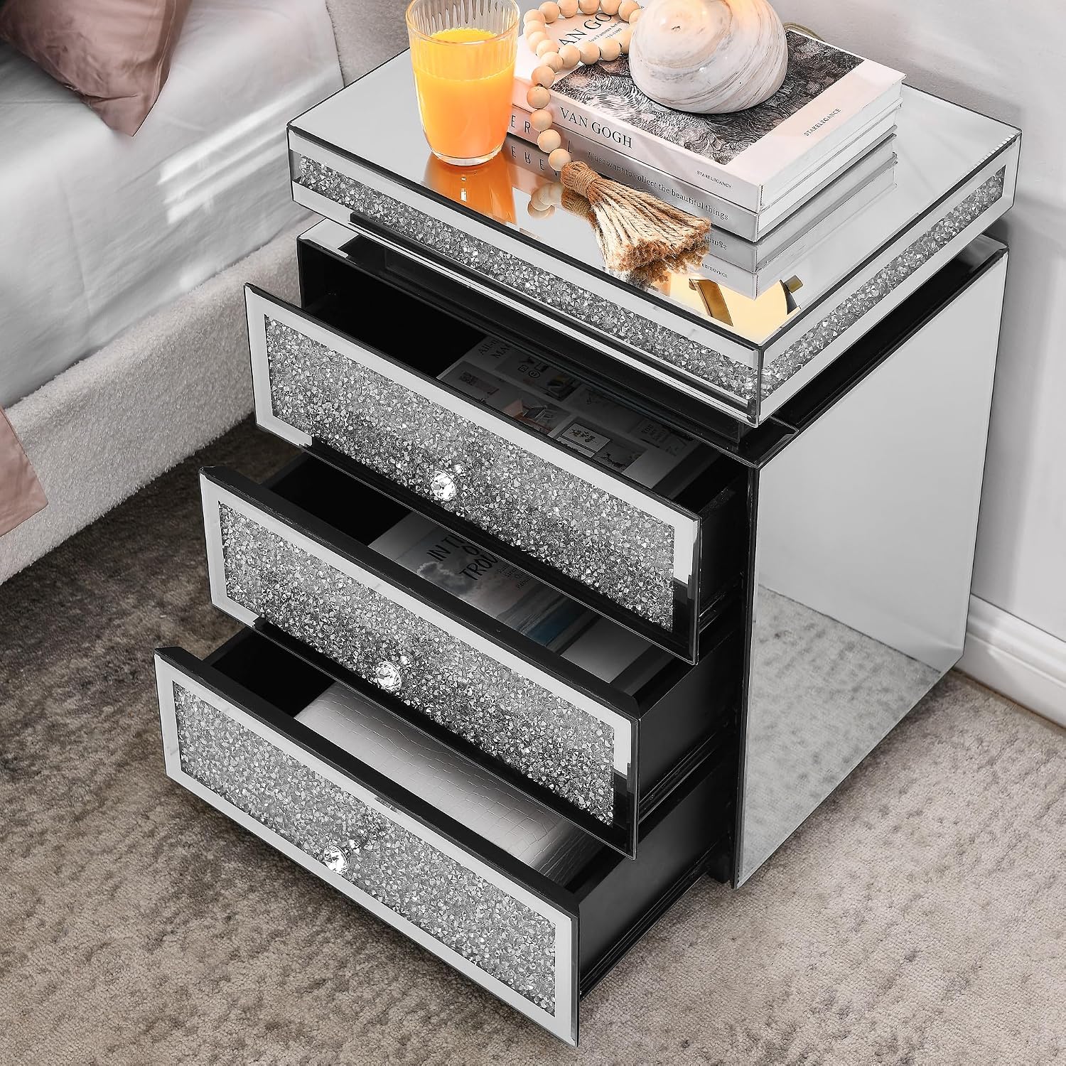 KEIKI Mirrored Nightstand with 3 Drawers, Nightstand with Crystal Inlay, Mirror End Table, Modern Bedside Table, Glass Table for Bedroom, Silver