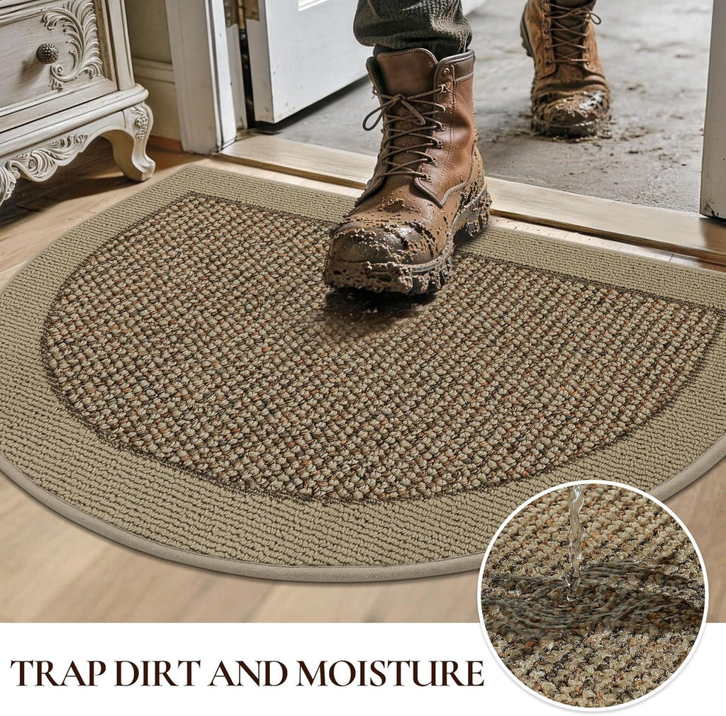 Half Circle Door Mat Indoor Entrance Welcome, Non-Slip Washable Doormat, Trap Dirt and Moisture, Low Profile Mats for Indoor Entry, 17"x30", Beige