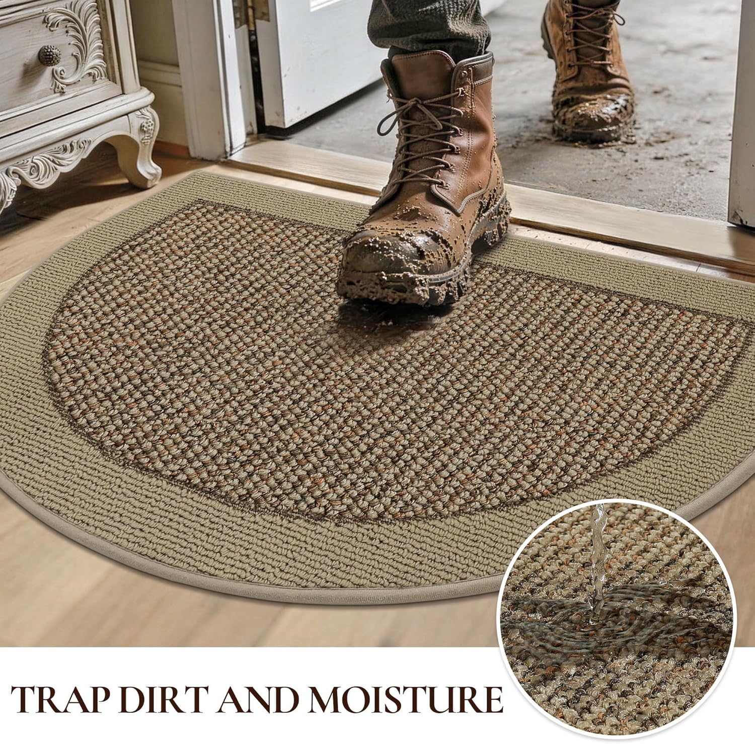 Half Circle Door Mat Indoor Entrance Welcome, Non-Slip Washable Doormat, Trap Dirt and Moisture, Low Profile Mats for Indoor Entry, 17"x30", Beige