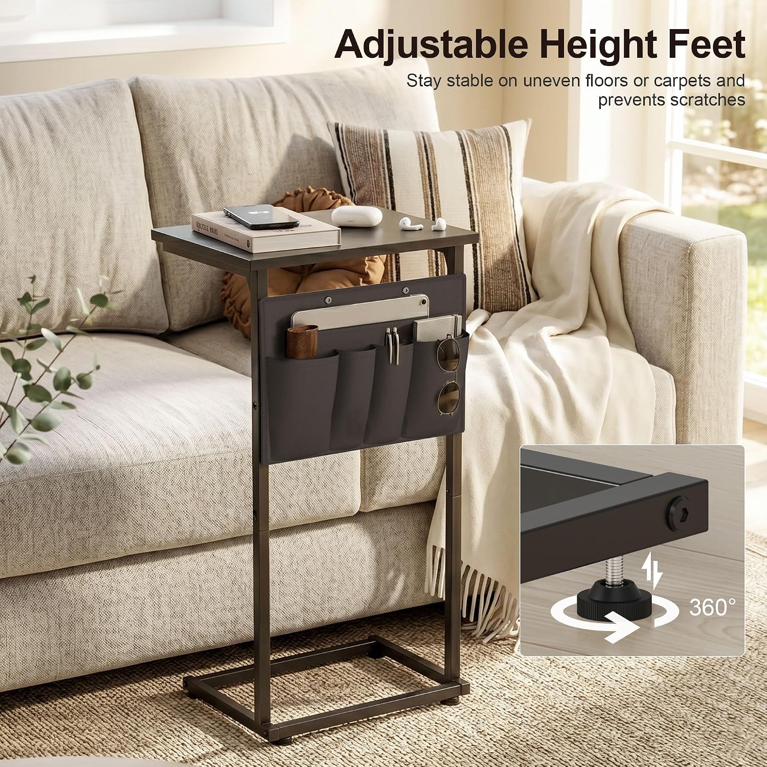 C-Shaped End Table, 28" H Side Table for Couch, Sliding Tray Desk Under Sofa with Storage Bag for Living Room, Bedroom, Office, Black