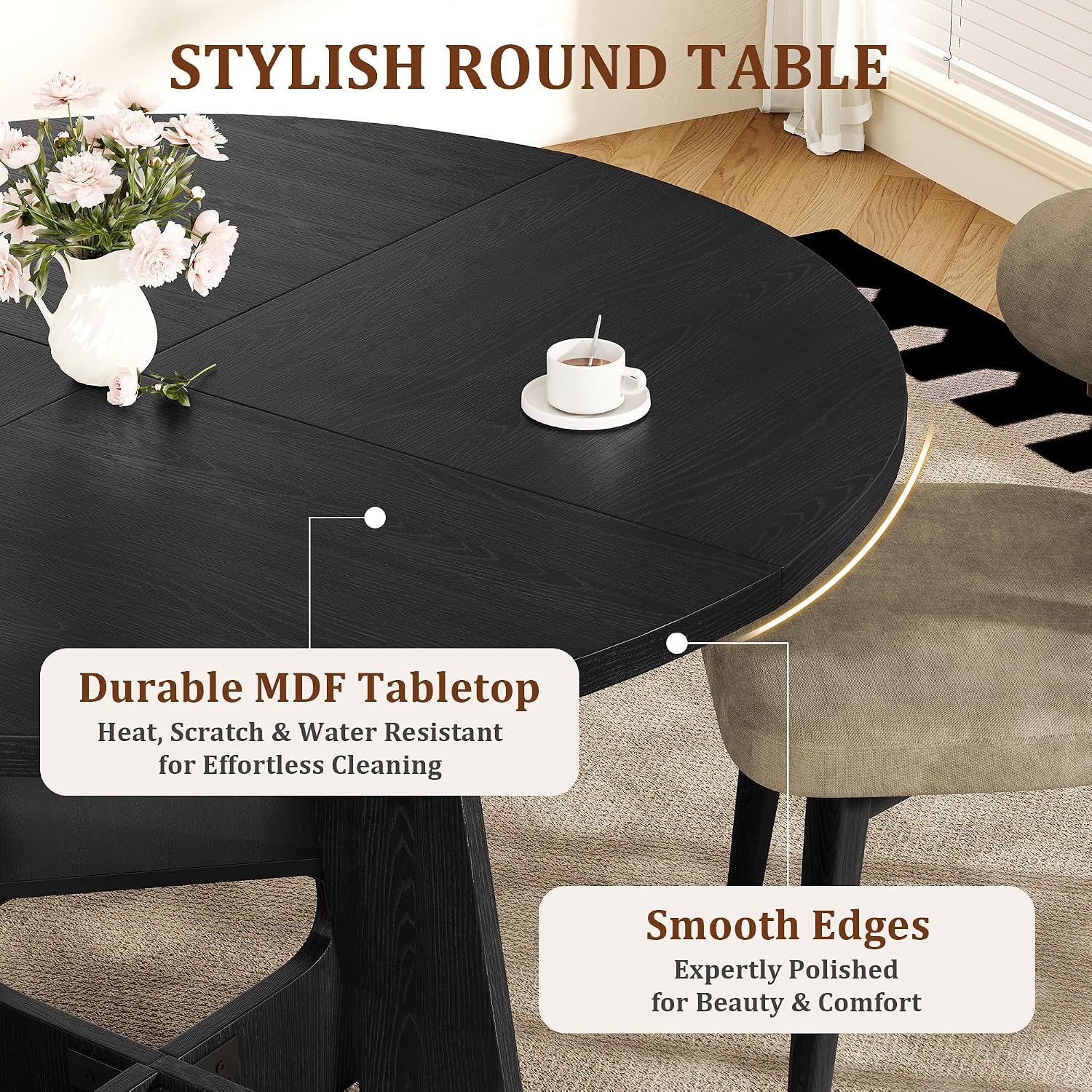 Round Dining Table for 4-6, 47" Kitchen Table for Dining Room, Modern Black Dining Table, Circle Kitchen Table for Living Room, Apartment