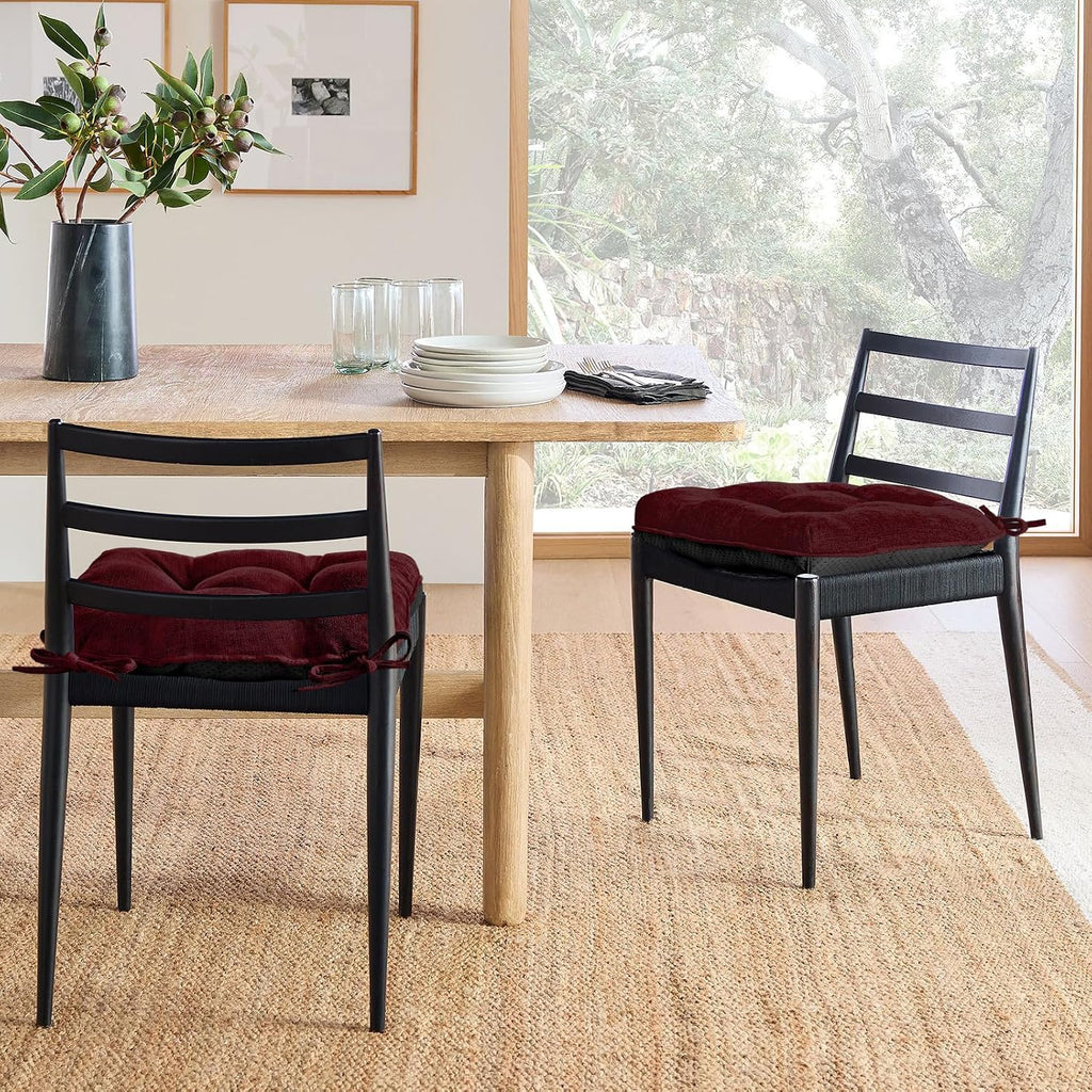 Cozyide Chair Cushions for Dining Chairs, 17" x 17" Non-Slip Kitchen Chair Pads with Adjustable Ties, Indoor Chair Cushions for Dining Room, Burgundy (Pack of 4)