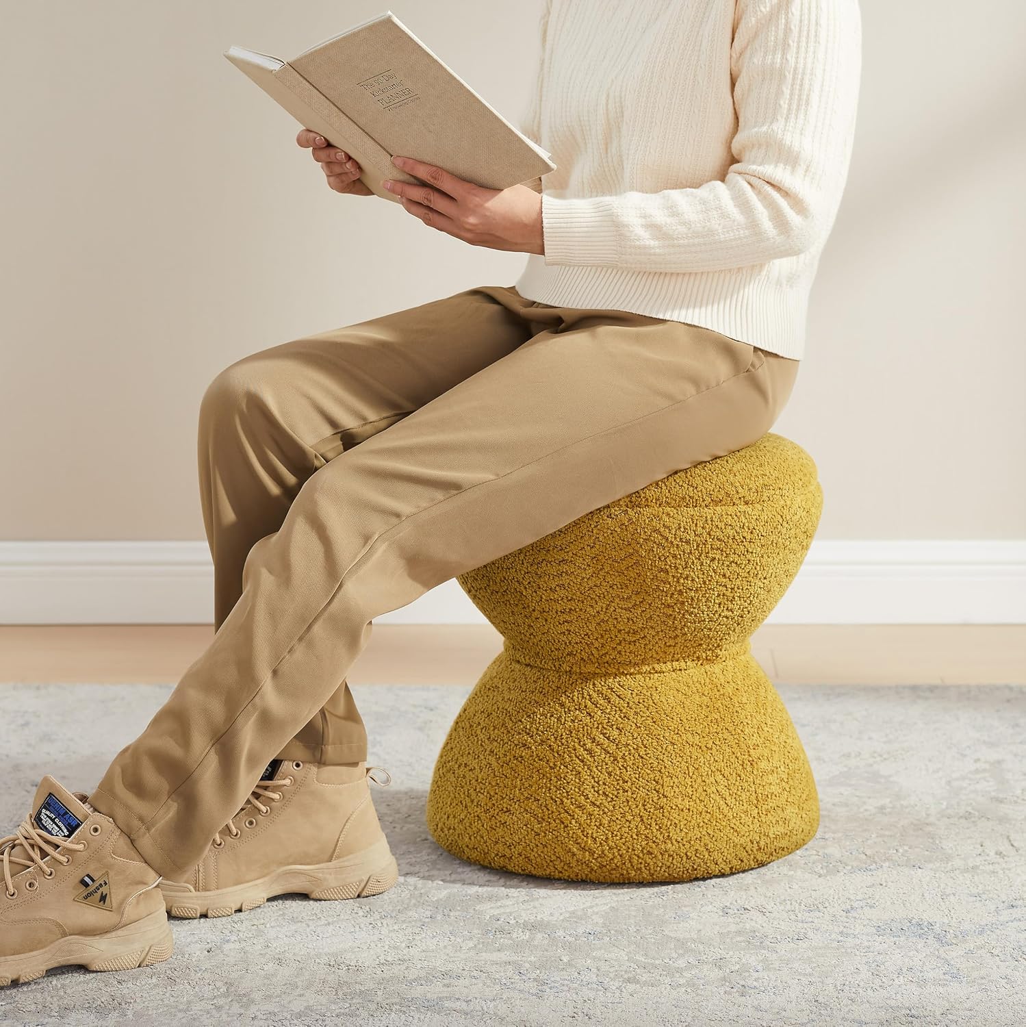 VANOMi Multi-Functional Boucle Ottoman, Set of 2, Vanity Stool Chair, Sturdy Wooden Footstool, Suitable for Living Room, Bedroom, and Entryway, Without Installation, Yellow