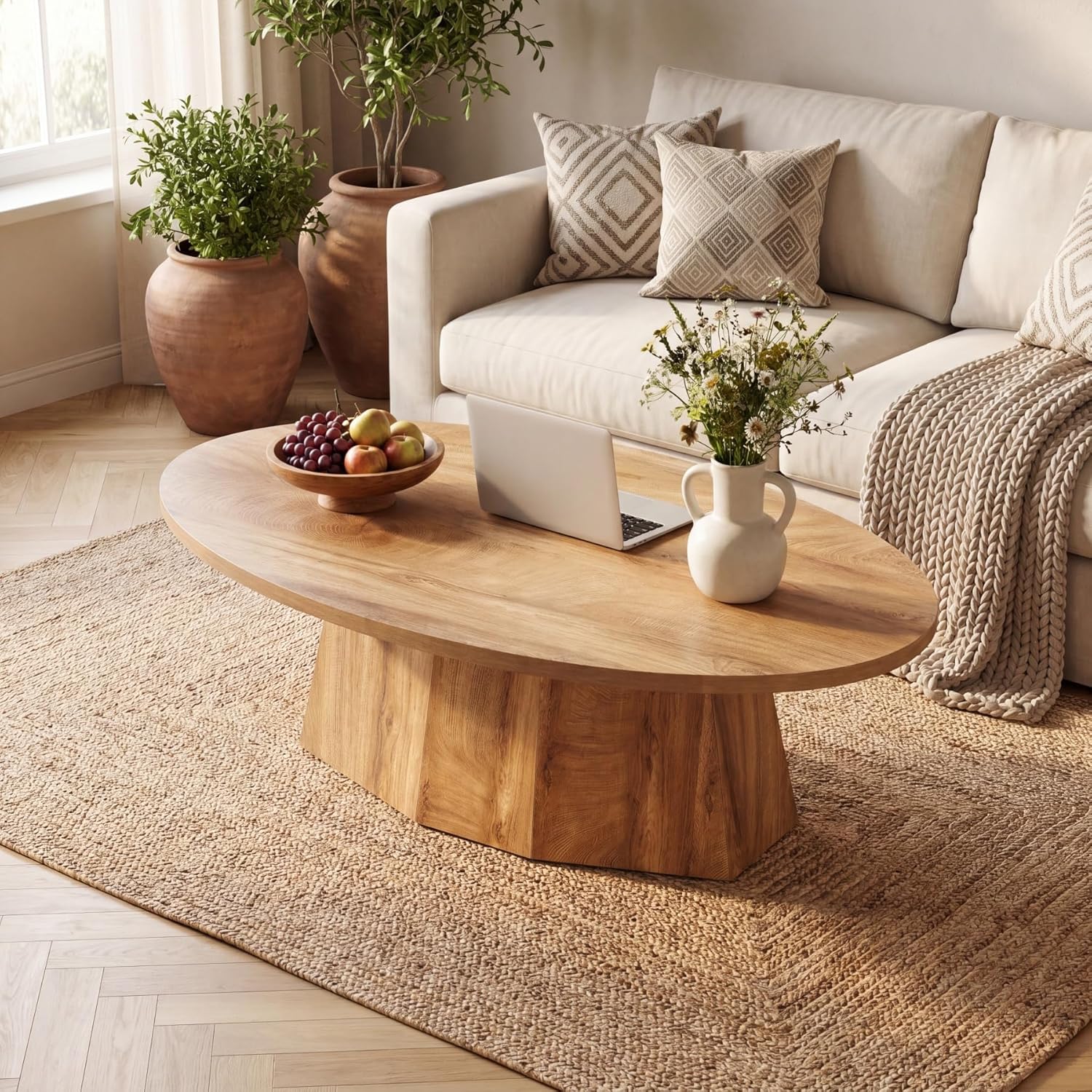 Oval Coffee Table, 47-Inch Living Room Table with Polygonal Pedestal, Modern Center Accent Furniture, Child-Friendly, Easy Assembly, Yellowish Brown