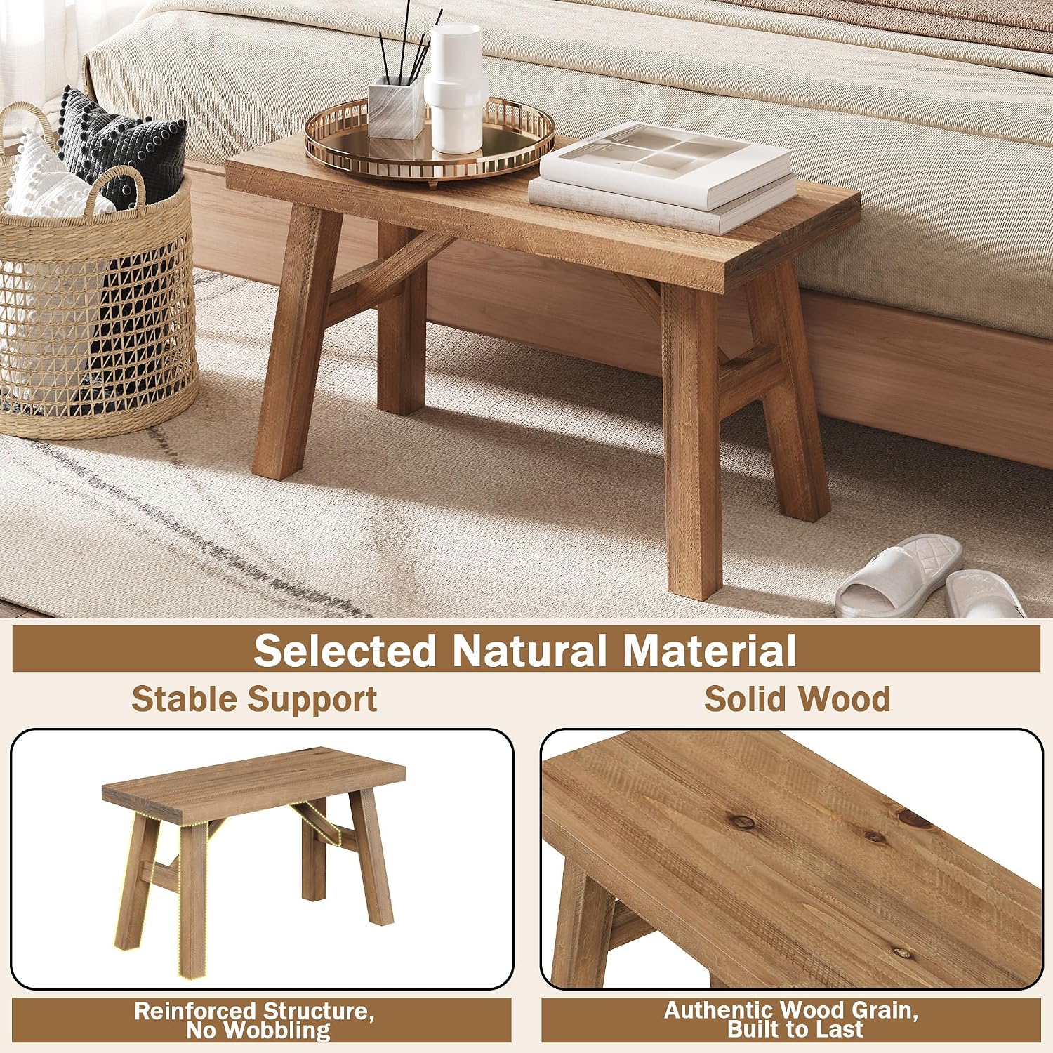 Wnutrees Sawmill Wood Bench, 30" Farmhouse Entryway Bench for Living Dining Room, Rustic Entry Way Benches Seat, Solid Wood, Handcraft Finshed, Natural