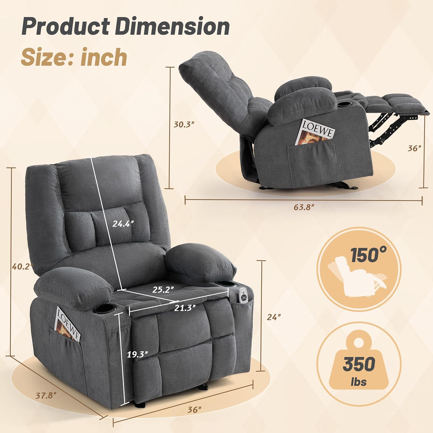 Rocker Recliner Chair with Massage and Heat, Nursery Rocking Chairs for Living Room, Ergonomic Comfy Relining Chair with Cup Holders, USB Charge Port, Side Pockets, Comfortable Arms, Grey