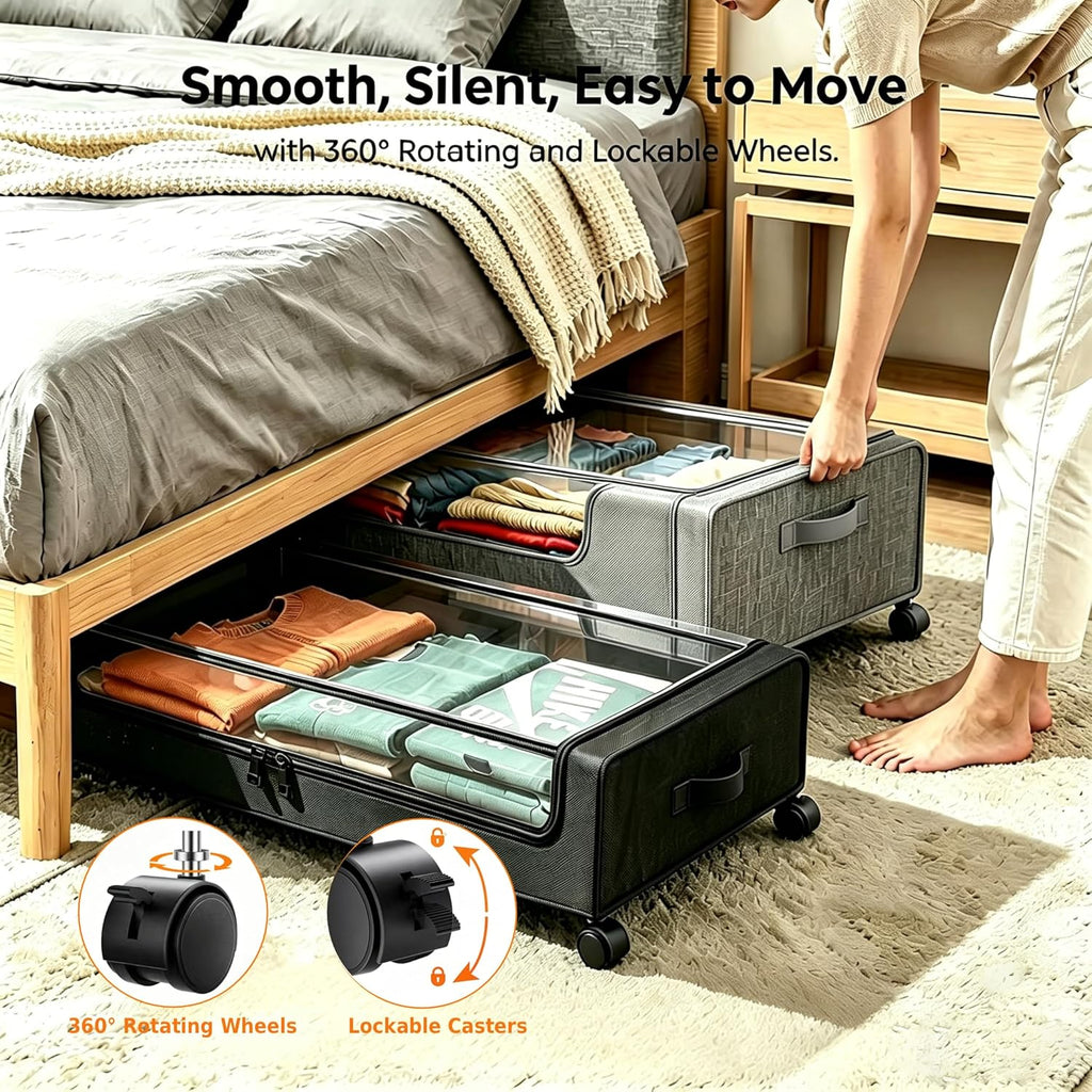 Under Bed Storage with Wheels, 2Pack 50L Under Bed Containers with Clear Lids, Dust Protection Underbed Bins for Clothes, Shoes, Space-Saving Organizer for Bedroom/Dorm, Black and Grey
