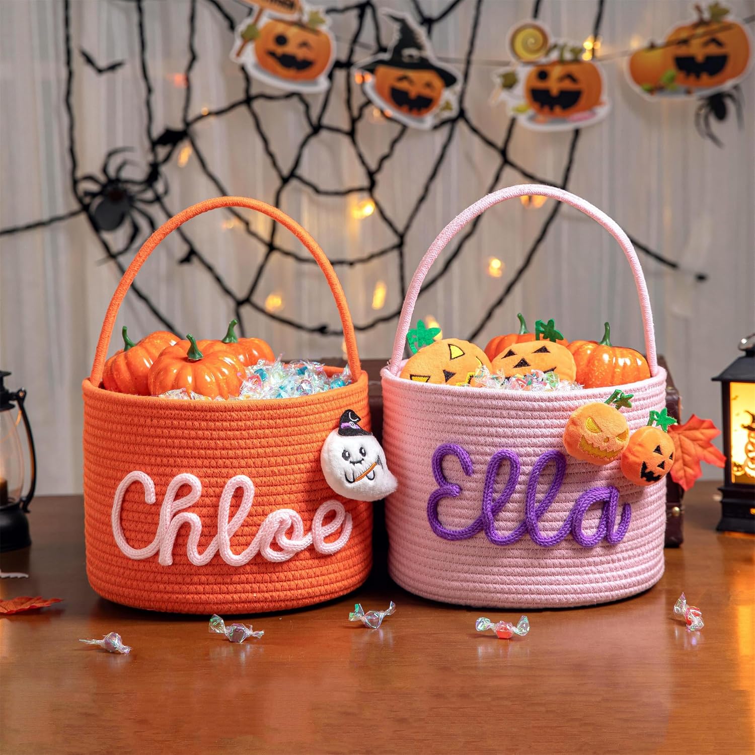 FKOG Halloween Candy Basket, Custom Cotton Rope Storage Bin with Handle, Personalized Trick or Treat Container, Decorative Pumpkin Design (Orange)