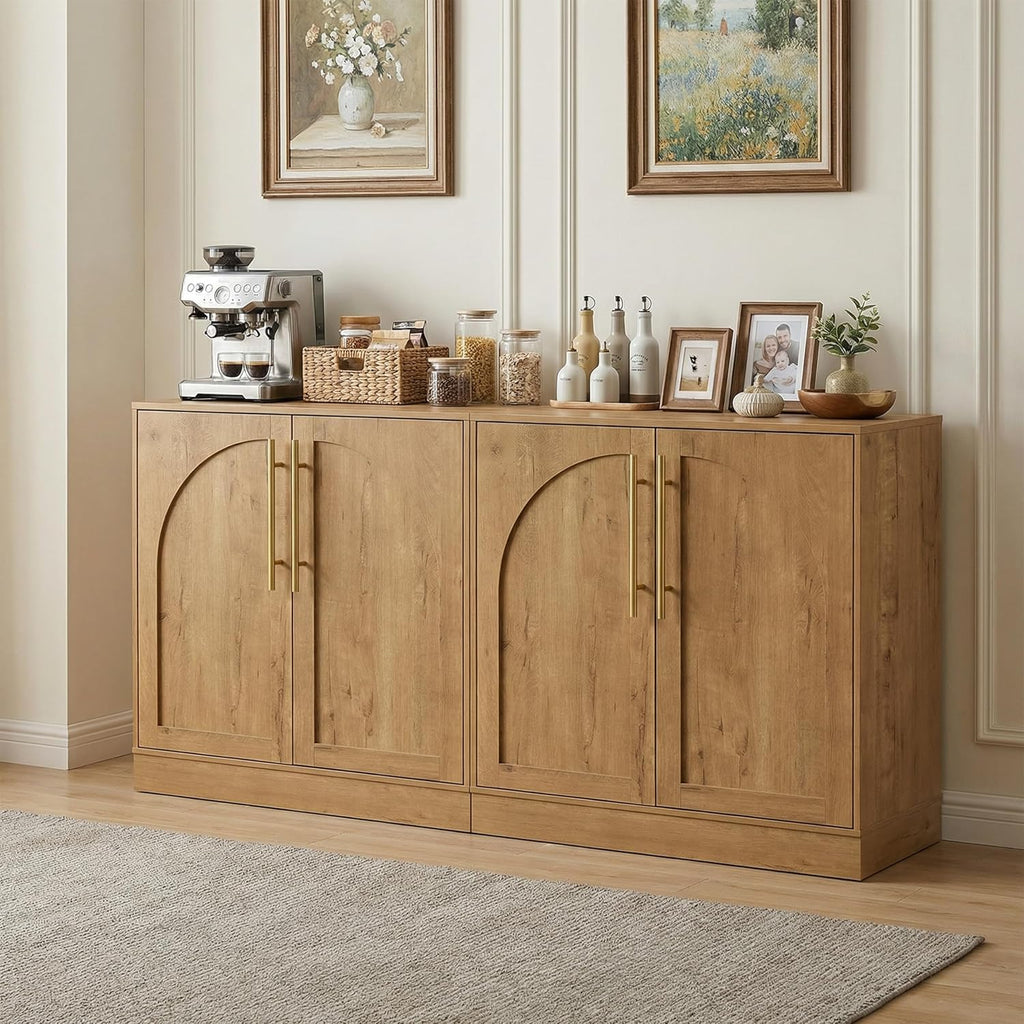 Anbuy Storage Cabinet, Freestanding Sideboard Buffet Cabinet with Arched Design, Adjustable Shelves Wooden Cabinet Ideal for Coffee Bar, Living Room (Oak, Set of 2)