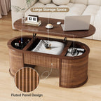 Fluted Lift Top Coffee Table with Storage, Oval Living Room Center Table with Hidden Compartment, Modern Mid-Century Wood Coffee Table for Small Spaces, Home Office, Walnut