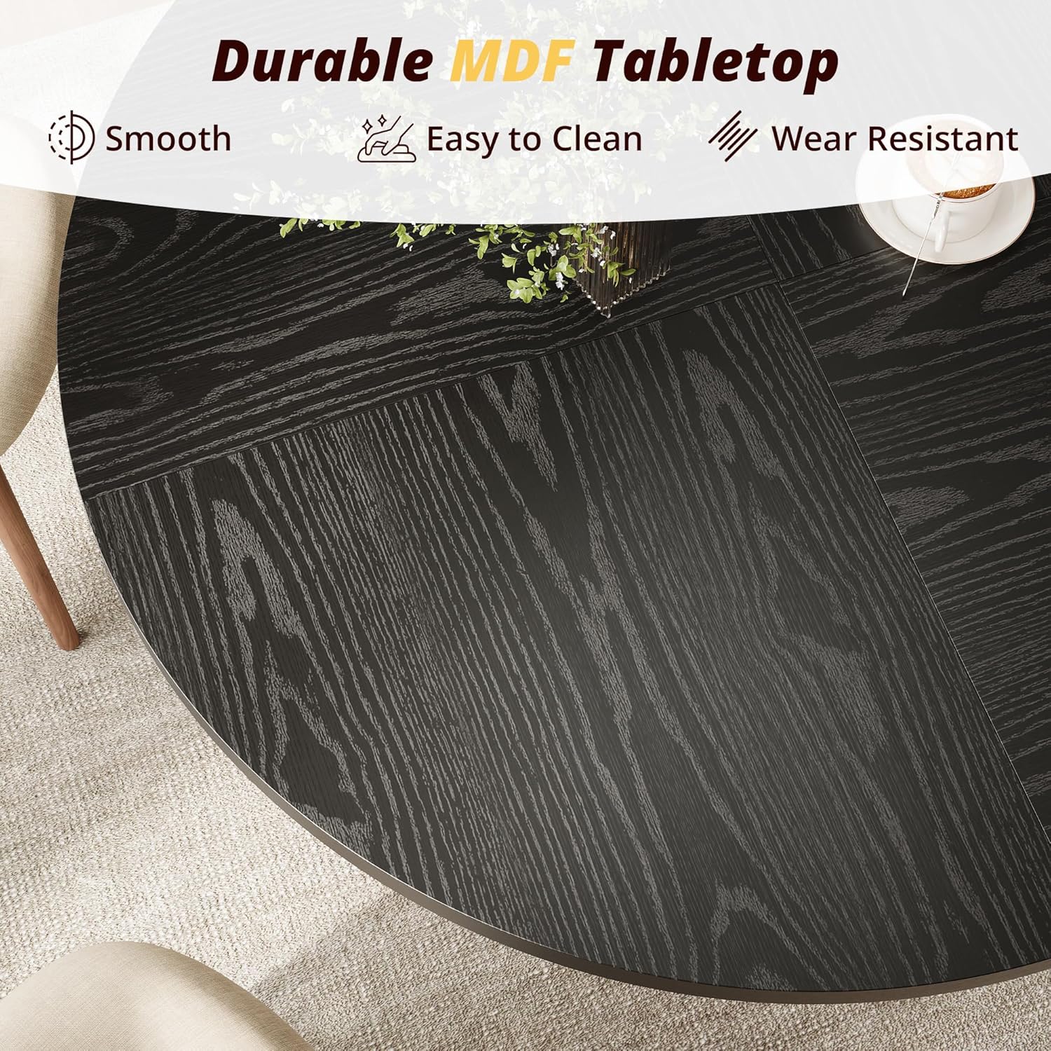Black Round Dining Table for 4-6, 47 Inch Black Kitchen Table with Storage Shelf & Wood Pedestal Base, Modern Circle Dining Room Table for Small Apartment, Home Office, Living Room