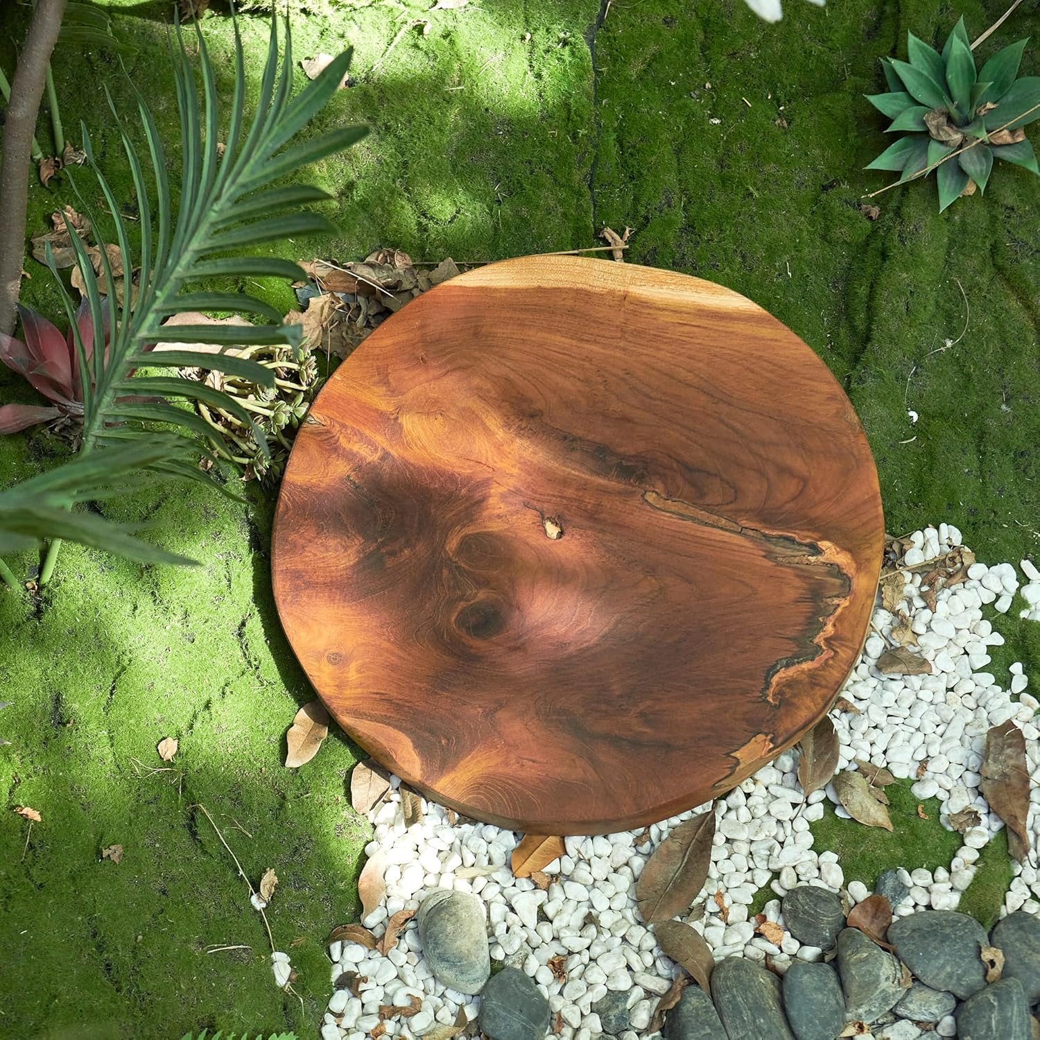 Greenage Natural Solid Wood Slab Round Board 15.5" x 15.5" x 1.95" Rustic Table Top Live Edge Brown Teak Slabs for Coffee Side Table Home Wall Decor Art