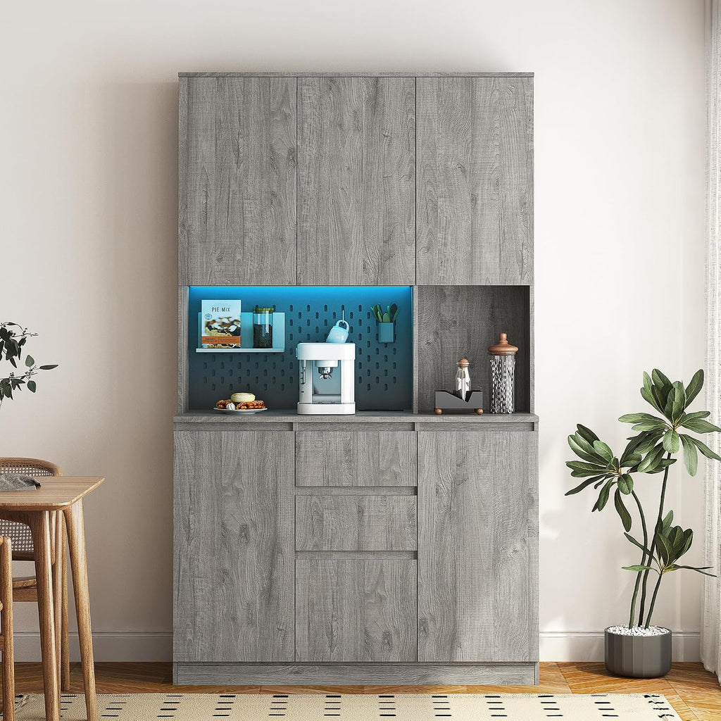 Kitchen Pantry Cabinet with Charging Station,Buffet Cupboards Sideboard with Drawer,with LED Lights,Modern Pantry Cabinet with Microwave Stand for Kitchen,Dinning Room,Living Room,15.74 * 43.66 * 74