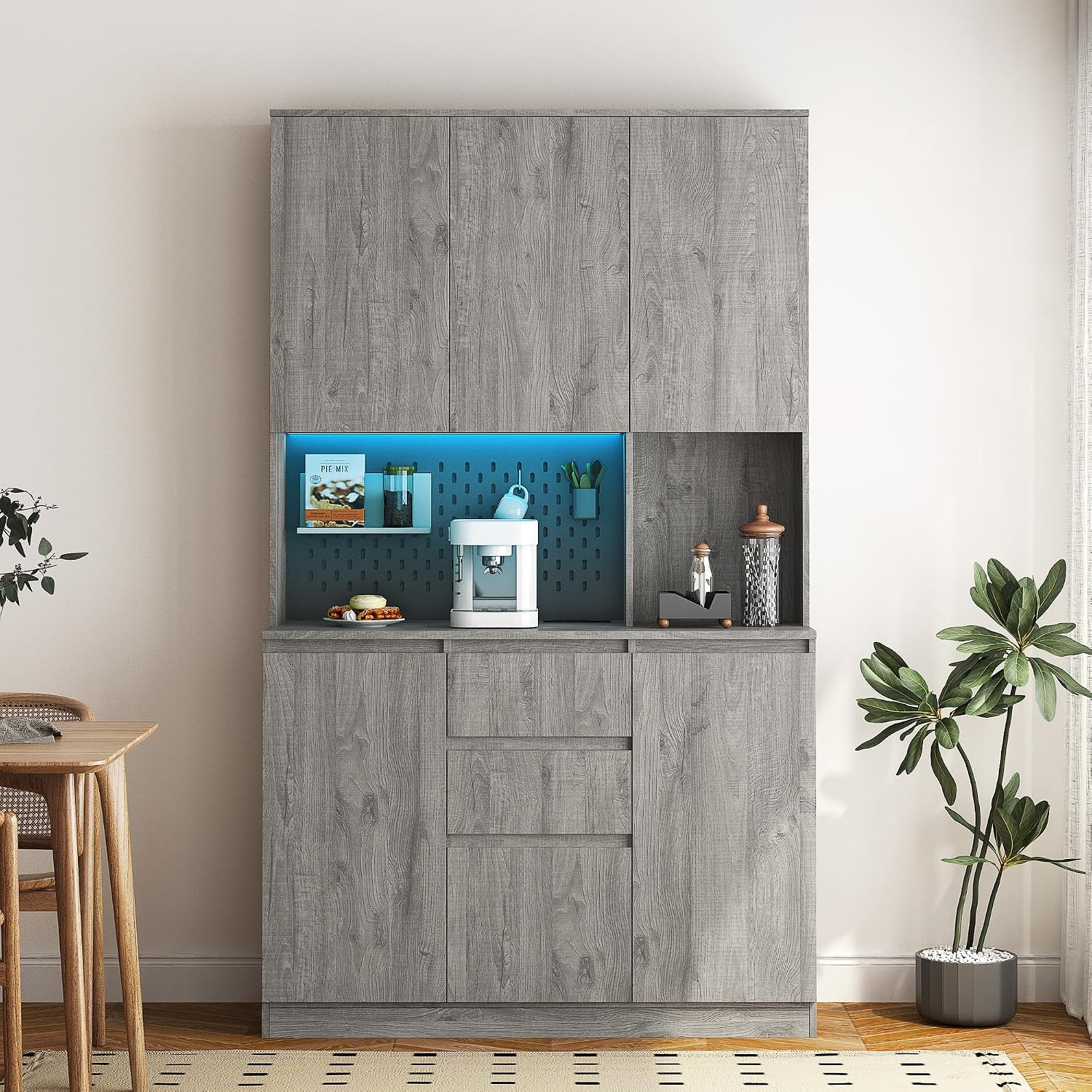 Kitchen Pantry Cabinet with Charging Station,Buffet Cupboards Sideboard with Drawer,with LED Lights,Modern Pantry Cabinet with Microwave Stand for Kitchen,Dinning Room,Living Room,15.74 * 43.66 * 74