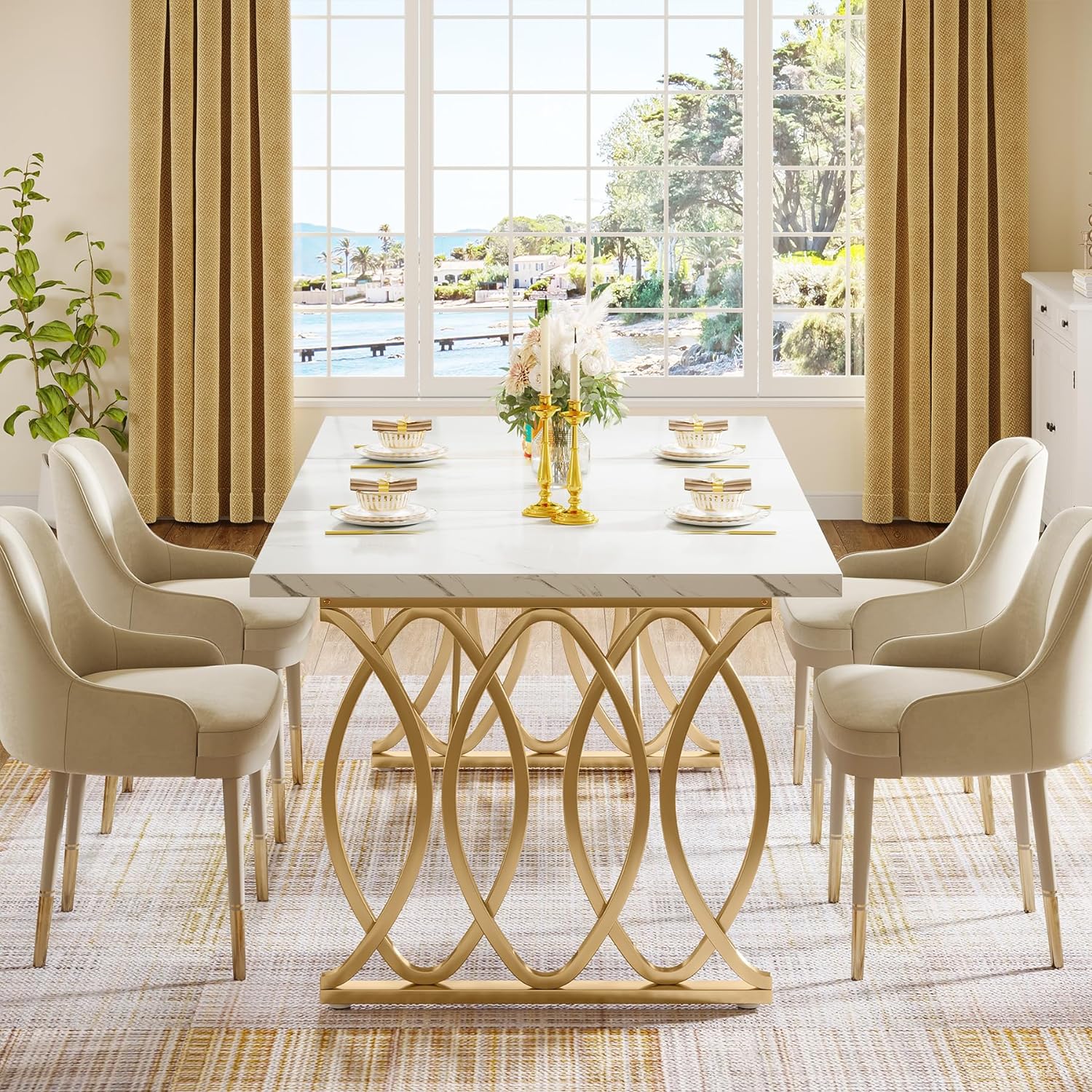 Tribesigns Modern Dining Table, 63" Large Kitchen Table for 4-6 People, Unique Rectangular Dinner Table Kitchen & Dining Room Furniture with Faux Marble Tabletop and Geometric Legs