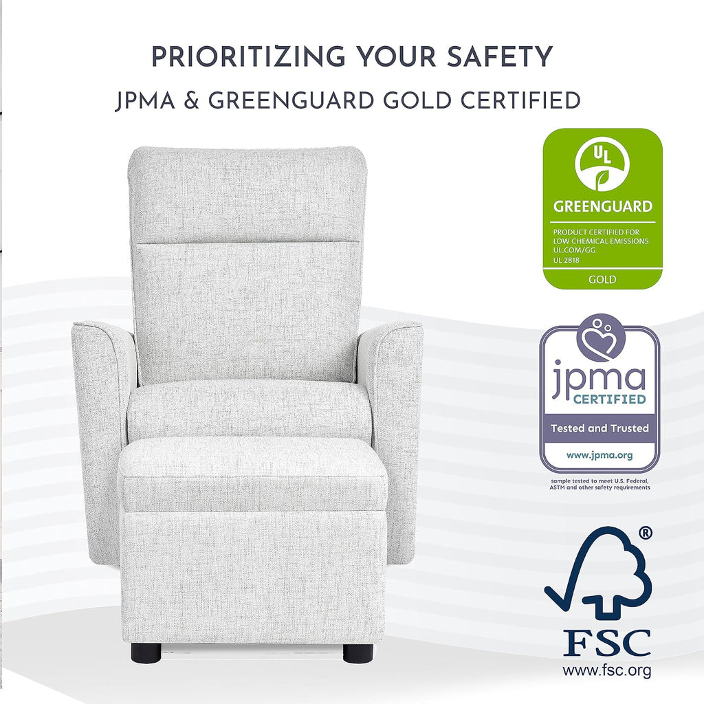 Evolur Aria Upholstered Plush Seating Glider Swivel with Ottoman in Fog Grey, Greenguard Gold Certified Modern Nursery Chair with Side Pockets, Tool-Free Assembly, Easy to Clean
