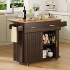 DHH Rolling Kitchen Island with Drop Leaf Countertop&Ample Storage - 39.4" Small Mobile Kitchen Cart On Wheels with Sliding Door,Drawers,Spice Rack & 2-Tier Storage (Dark Walnut)