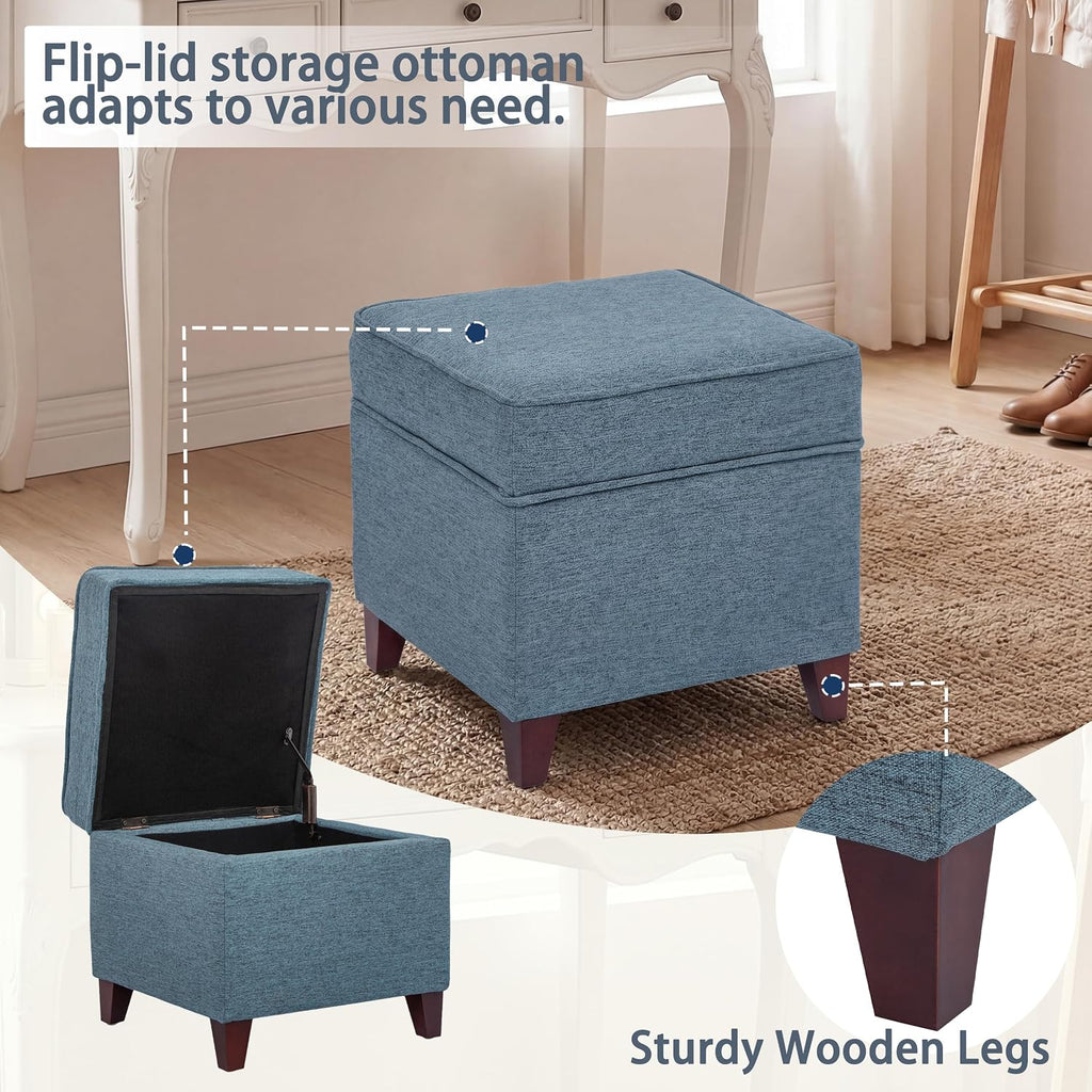 Linen Storage Ottoman with Wooden Legs, 17" Square Upholstered Flip-Top Footrest Stool, Extra Seat or Coffee Table for Living Room, Bedroom, Entryway, Blue