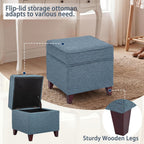 Linen Storage Ottoman with Wooden Legs, 17" Square Upholstered Flip-Top Footrest Stool, Extra Seat or Coffee Table for Living Room, Bedroom, Entryway, Blue