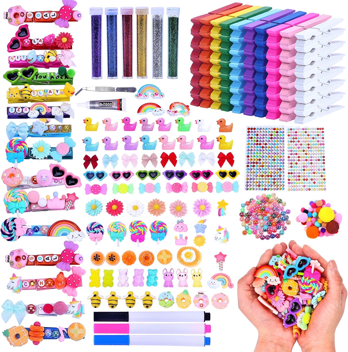 70 Set Cheer Pins & Spirit Clips Wooden Clothespins with 106 Mini Resin Animals and Bows for Backpacks,Cheerleaders, Volleyball Accessories & Decorations,Cheer Gifts Bulk (Colorful)