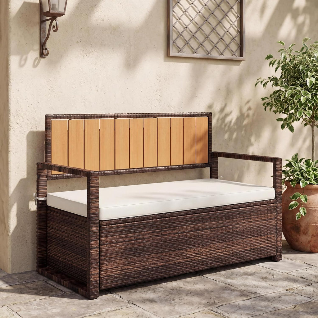 75 Gallon Outdoor Storage Bench with Cushion, 2-Seater PE Rattan Patio Storage Box with Backrest & Armrests, Weatherproof Lockable Deck Box for Garden, Balcony, Porch, Pool, Yard, Dark Brown