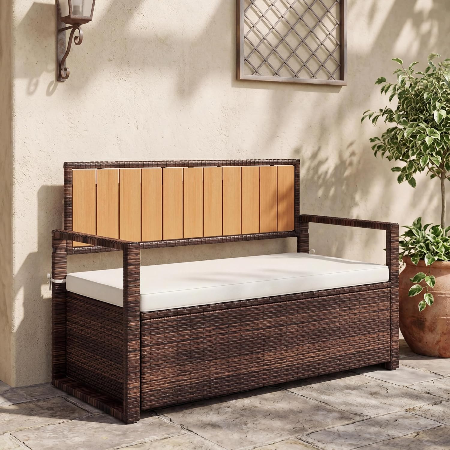 75 Gallon Outdoor Storage Bench with Cushion, 2-Seater PE Rattan Patio Storage Box with Backrest & Armrests, Weatherproof Lockable Deck Box for Garden, Balcony, Porch, Pool, Yard, Dark Brown