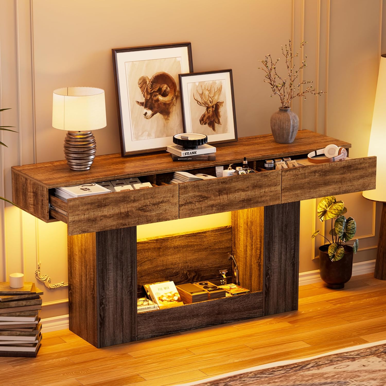 PAKASEPT 63 Inches Entryway Table with Storage,Foyer Tables Colorful with LED Lights and 3 Drawers, Narrow Console Table with Hidden Compartment for Gun Storage for Hallway, Living Room,Behind Couch