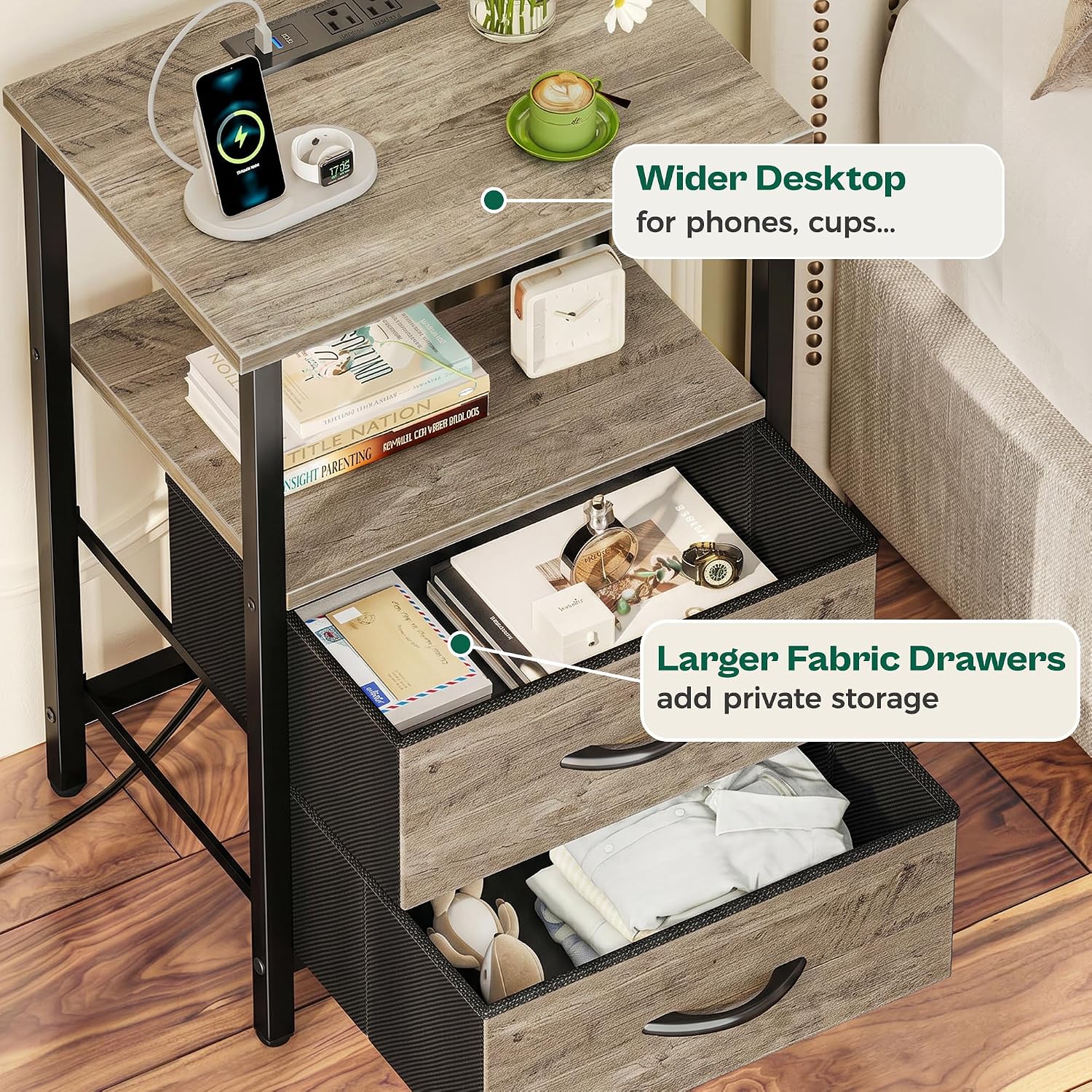 Huuger Night Stand with Charger Station and LED Lights, 2 Drawer Nightstand, Bed Side Table with Open Shelf, End Table, Fabric Drawers for Bedroom, Oak