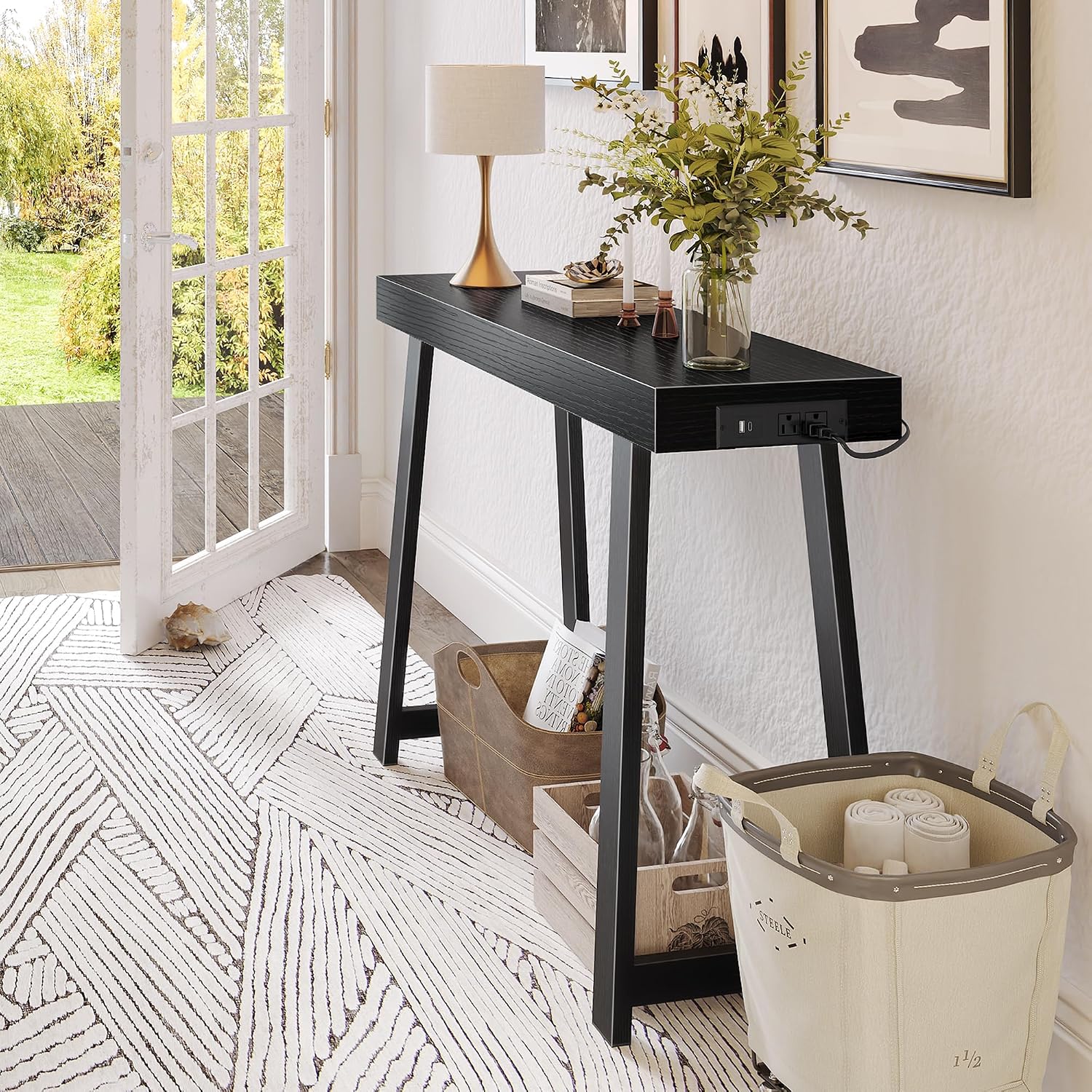 Huuger Entryway Console Table with Charging Station, USB-C Port, 39.4 Inch Sofa Table with Metal Legs, Entry Hallway Table with Thicker Desktop, Modern Behind Couch Table, Black