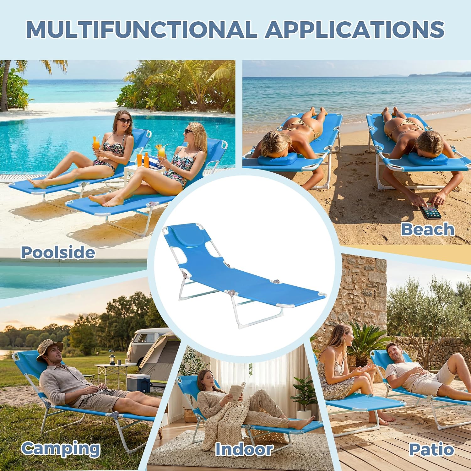 Folding Tanning Chair with Face Hole Set of 2, 3-Position Adjustable Patio Lounge Chair, Outdoor Sunbathing Chaise with Pillow, Portable Lightweight for Beach Pool Lawn Yard, Blue